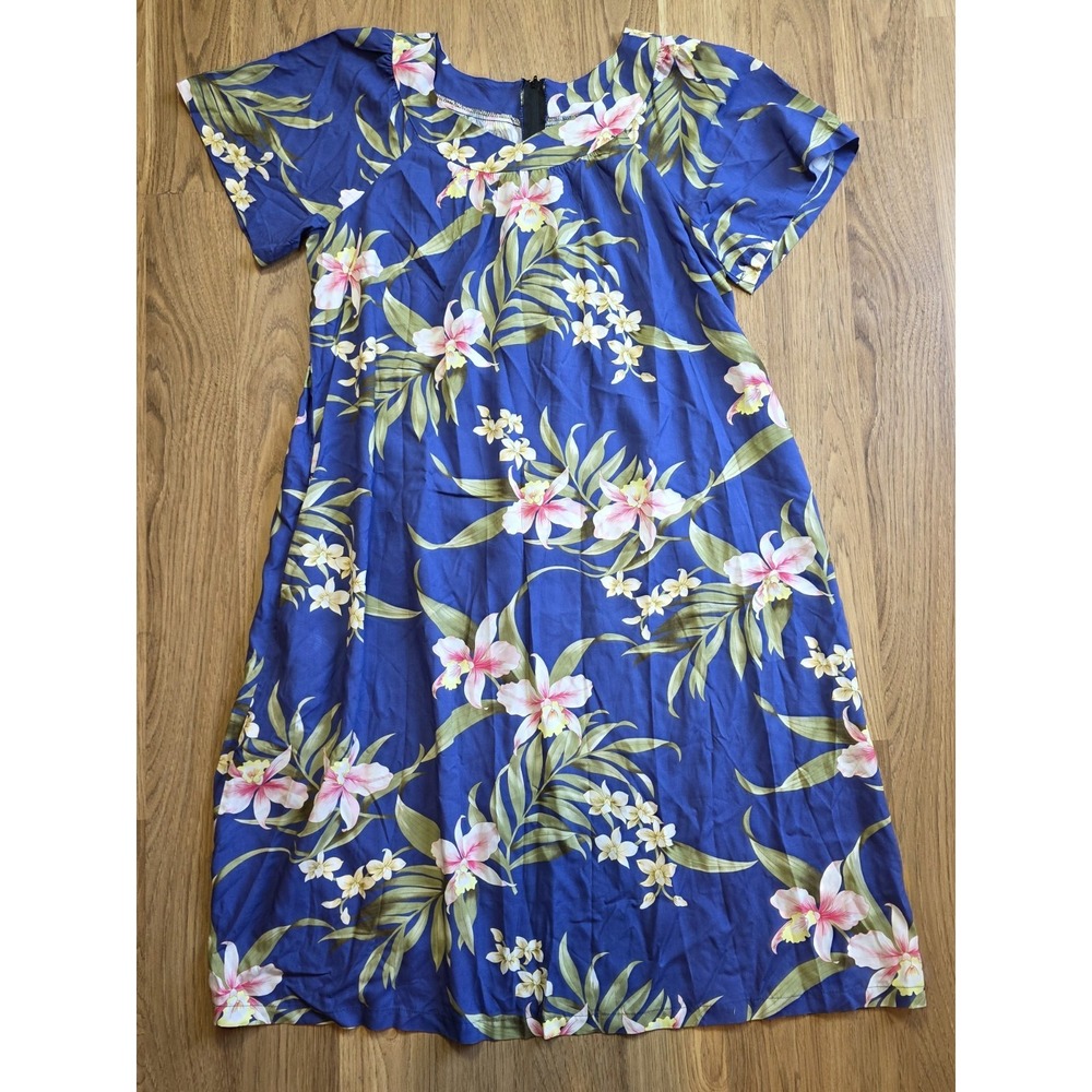 Two Palms Floral Muumuu Sleeve Midi Dress Women's XL Blue Made In Hawaii